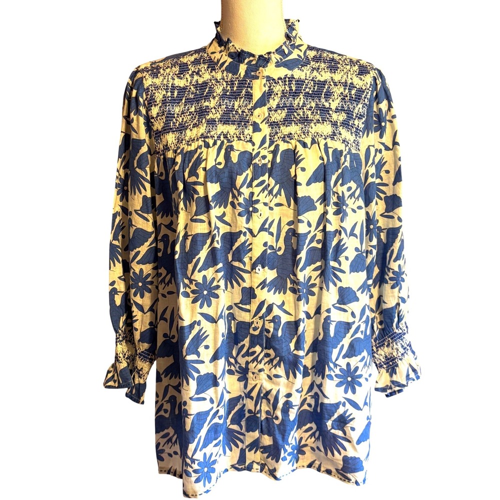 Nimo with Love Linen Bluebird Floral Smocked Top M Coastal Bohemian Folk Art